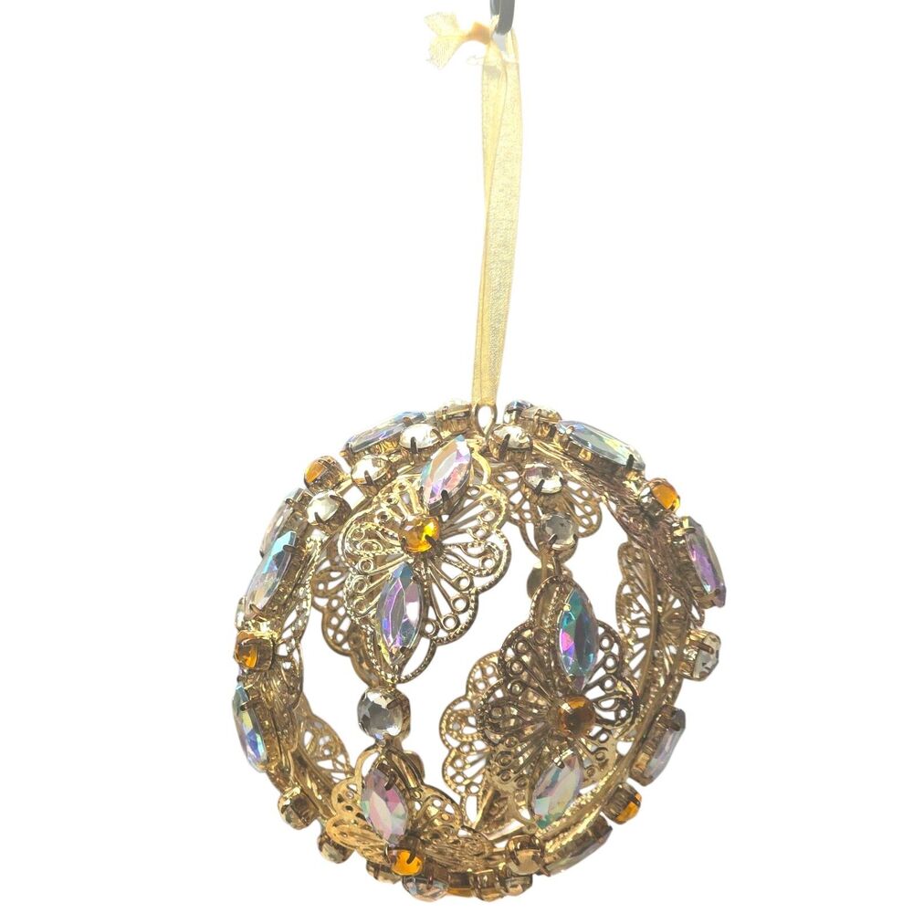 NWT Large Open Work Ball Christmas Ornament with Rhinestones 4” Gold Blue Amber